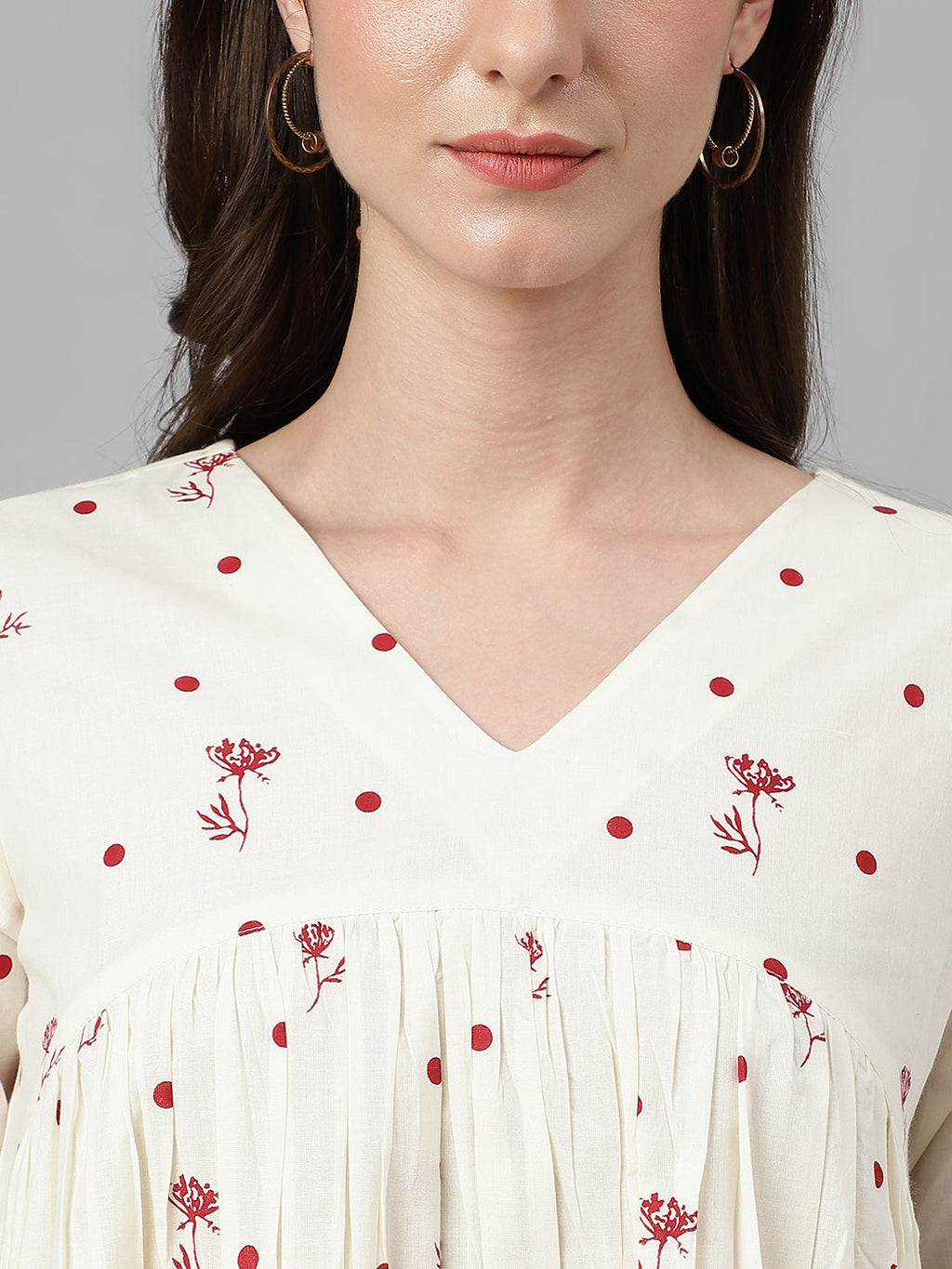 Janasya Women's Off White Cambric Cotton Floral Print Gathered Top - Distacart