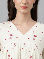 Janasya Women's Off White Cambric Cotton Floral Print Gathered Top - Distacart