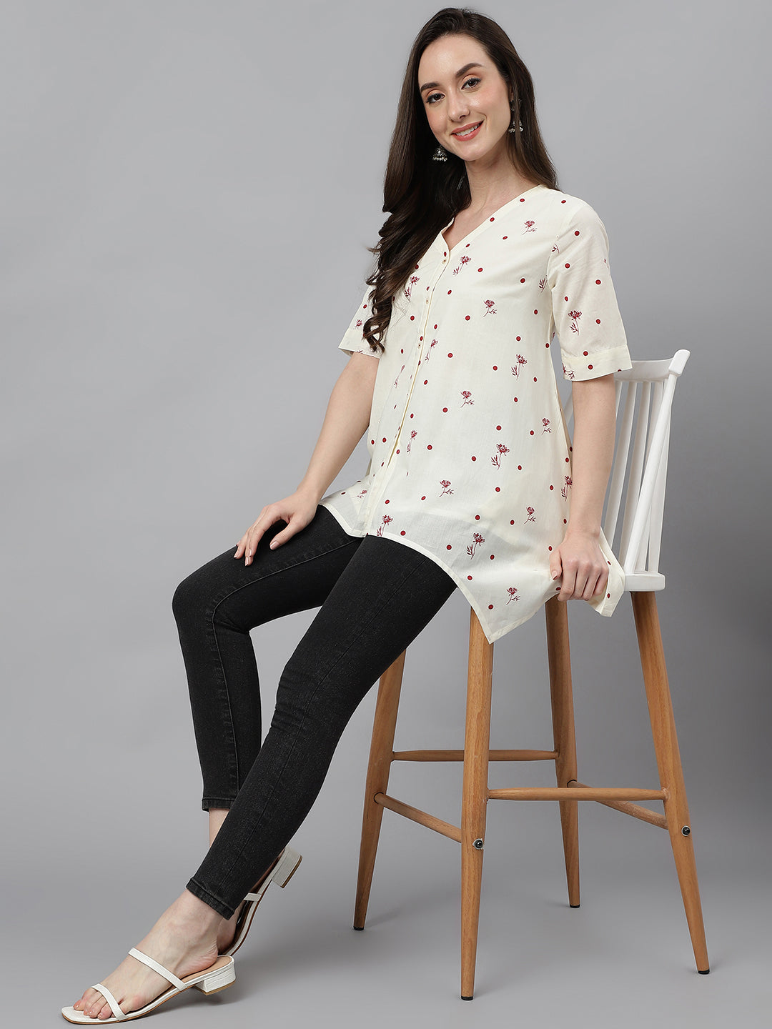 Janasya Women's Off White Cambric Cotton Botanical Print Asymmetric Top - Distacart