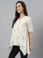 Janasya Women's Off White Cambric Cotton Botanical Print Asymmetric Top - Distacart