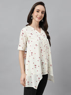 Janasya Women's Off White Cambric Cotton Botanical Print Asymmetric Top - Distacart