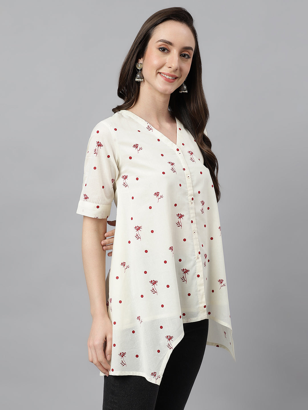 Janasya Women's Off White Cambric Cotton Botanical Print Asymmetric Top - Distacart