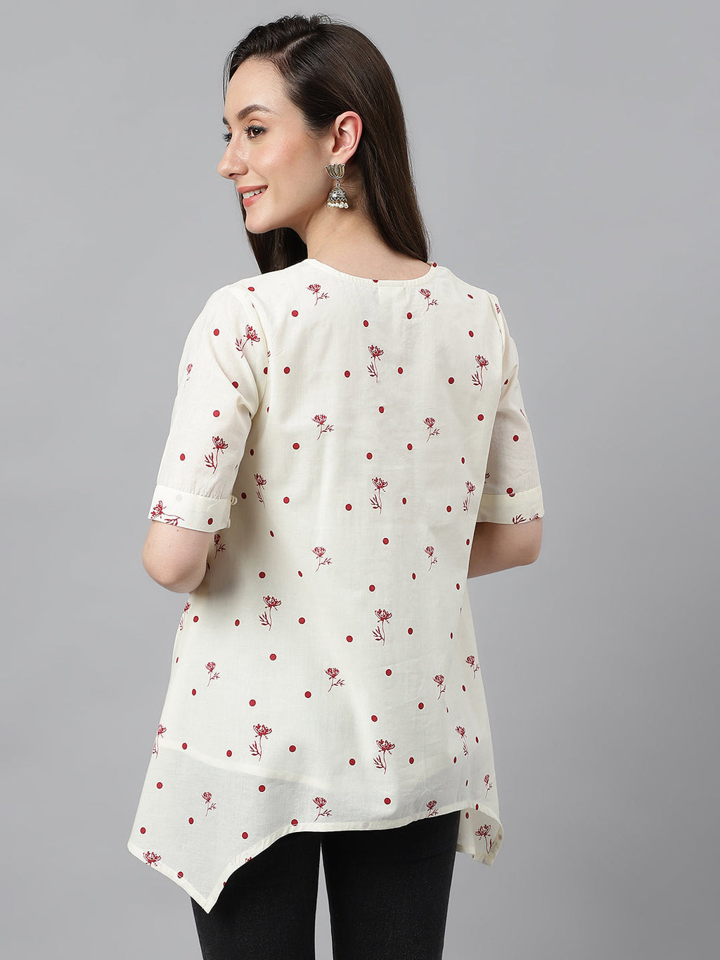 Janasya Women's Off White Cambric Cotton Botanical Print Asymmetric Top - Distacart