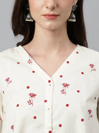 Janasya Women's Off White Cambric Cotton Botanical Print Asymmetric Top - Distacart