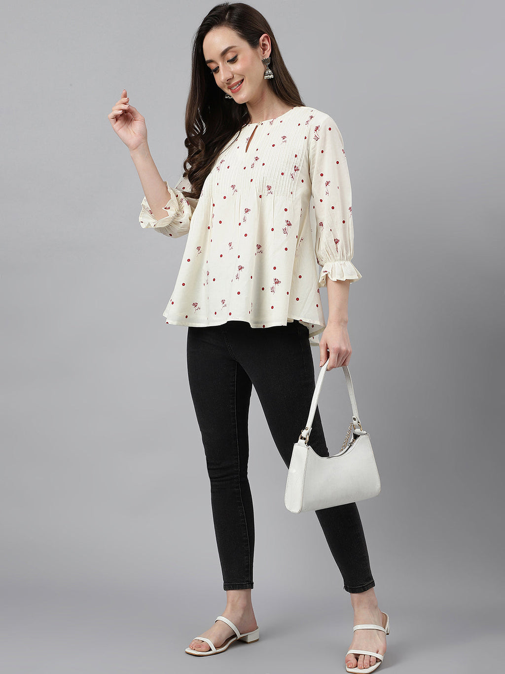Janasya Women's Off White Cambric Cotton Botanical Print Flared Top - Distacart