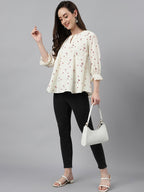 Janasya Women's Off White Cambric Cotton Botanical Print Flared Top - Distacart