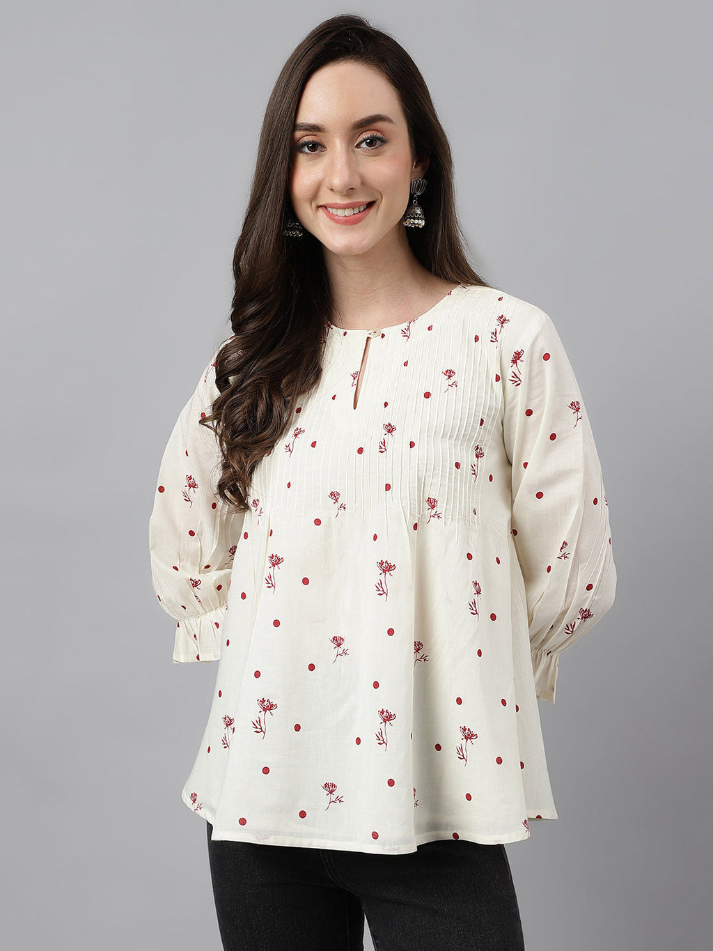 Janasya Women's Off White Cambric Cotton Botanical Print Flared Top - Distacart
