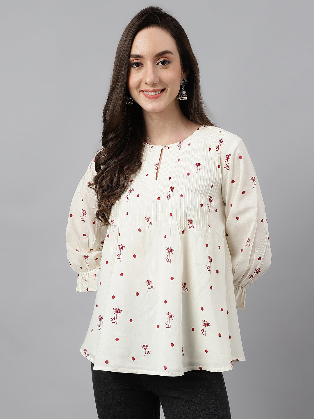Janasya Women's Off White Cambric Cotton Botanical Print Flared Top - Distacart