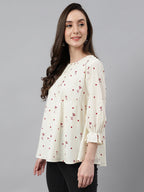 Janasya Women's Off White Cambric Cotton Botanical Print Flared Top - Distacart