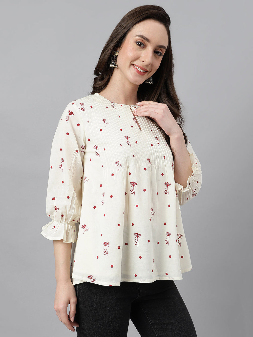 Janasya Women's Off White Cambric Cotton Botanical Print Flared Top - Distacart