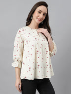 Janasya Women's Off White Cambric Cotton Botanical Print Flared Top - Distacart