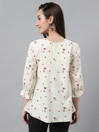 Janasya Women's Off White Cambric Cotton Botanical Print Flared Top - Distacart