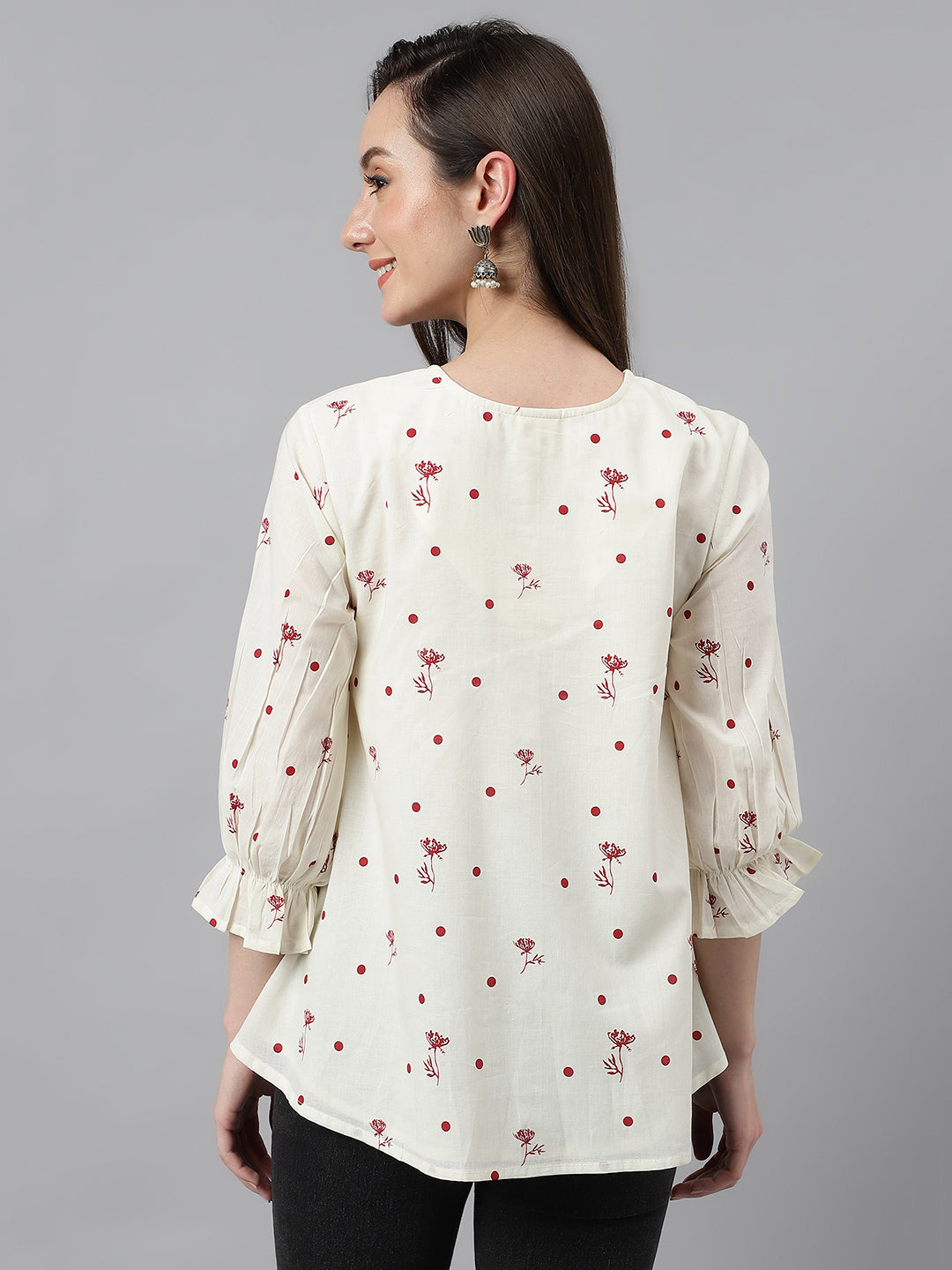 Janasya Women's Off White Cambric Cotton Botanical Print Flared Top - Distacart