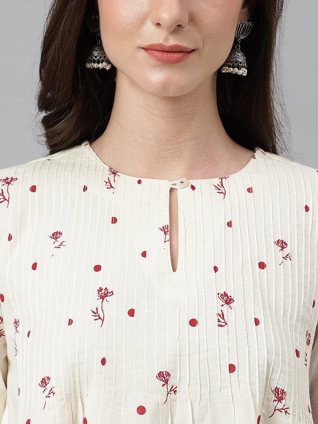 Janasya Women's Off White Cambric Cotton Botanical Print Flared Top - Distacart