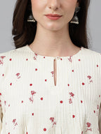 Janasya Women's Off White Cambric Cotton Botanical Print Flared Top - Distacart