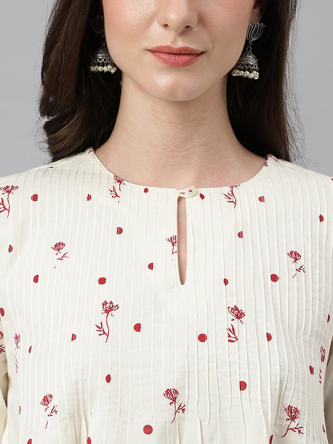 Janasya Women's Off White Cambric Cotton Botanical Print Flared Top - Distacart