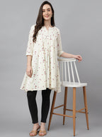Janasya Women's Off White Cambric Cotton Botanical Print Flared Tunic - Distacart