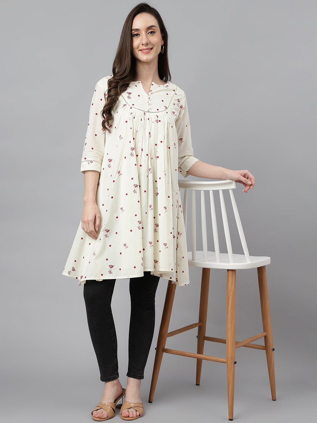 Janasya Women's Off White Cambric Cotton Botanical Print Flared Tunic - Distacart