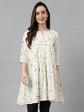 Janasya Women's Off White Cambric Cotton Botanical Print Flared Tunic - Distacart
