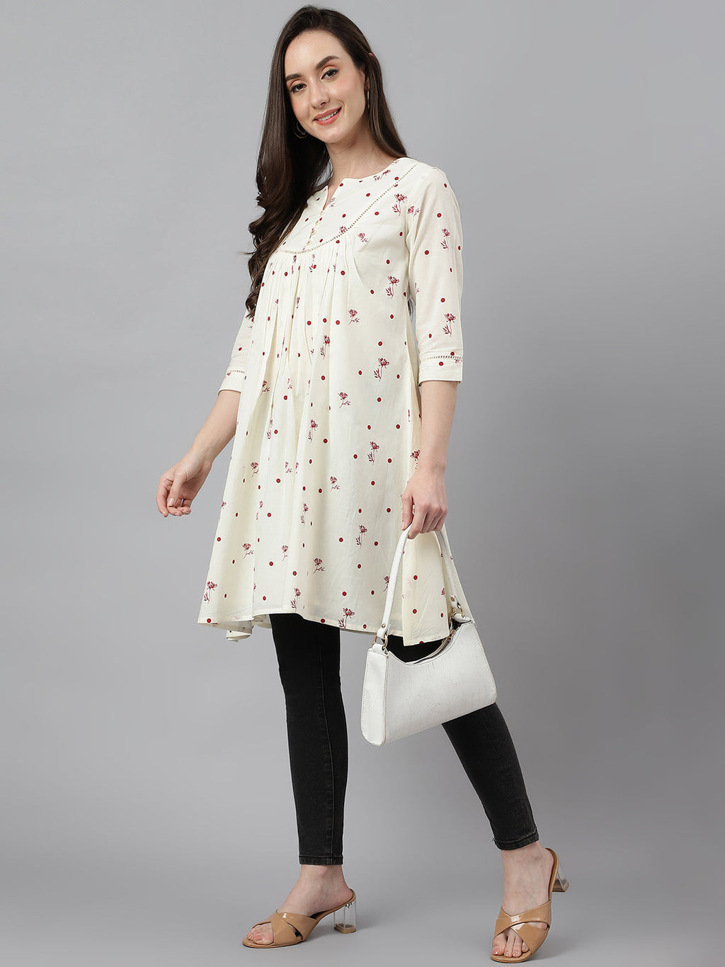 Janasya Women's Off White Cambric Cotton Botanical Print Flared Tunic - Distacart