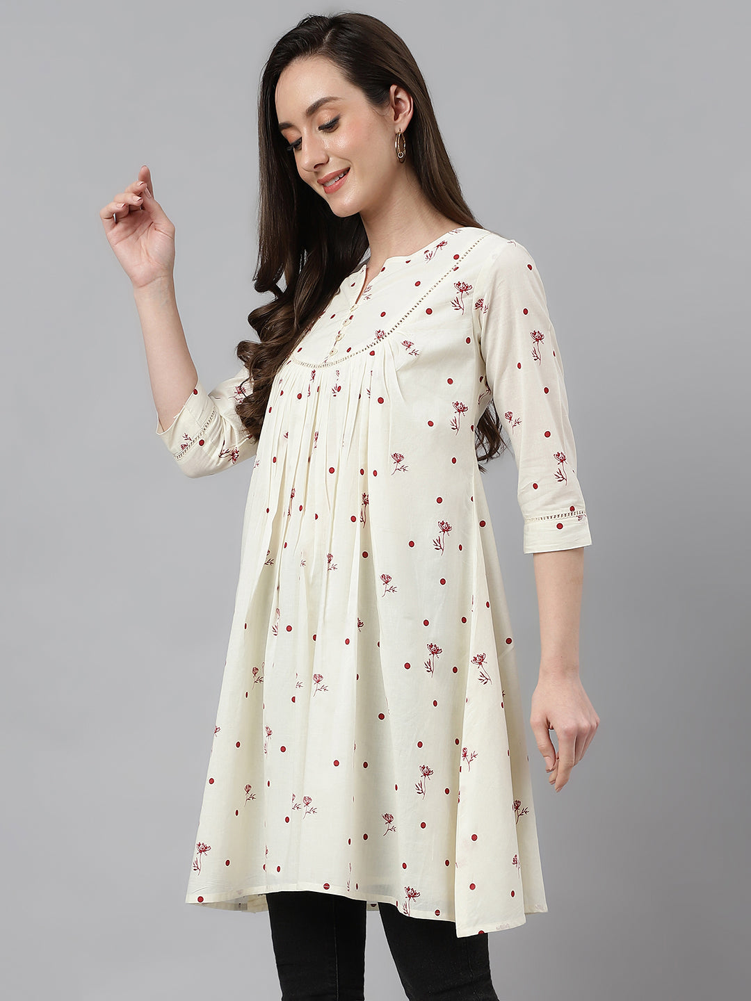 Janasya Women's Off White Cambric Cotton Botanical Print Flared Tunic - Distacart