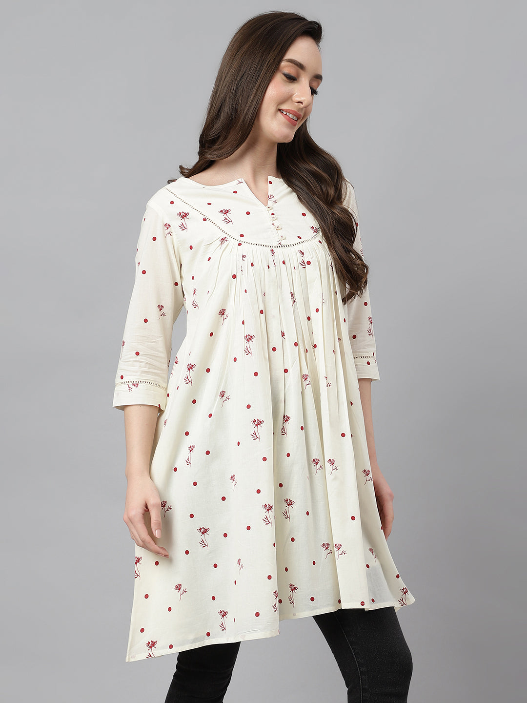 Janasya Women's Off White Cambric Cotton Botanical Print Flared Tunic - Distacart