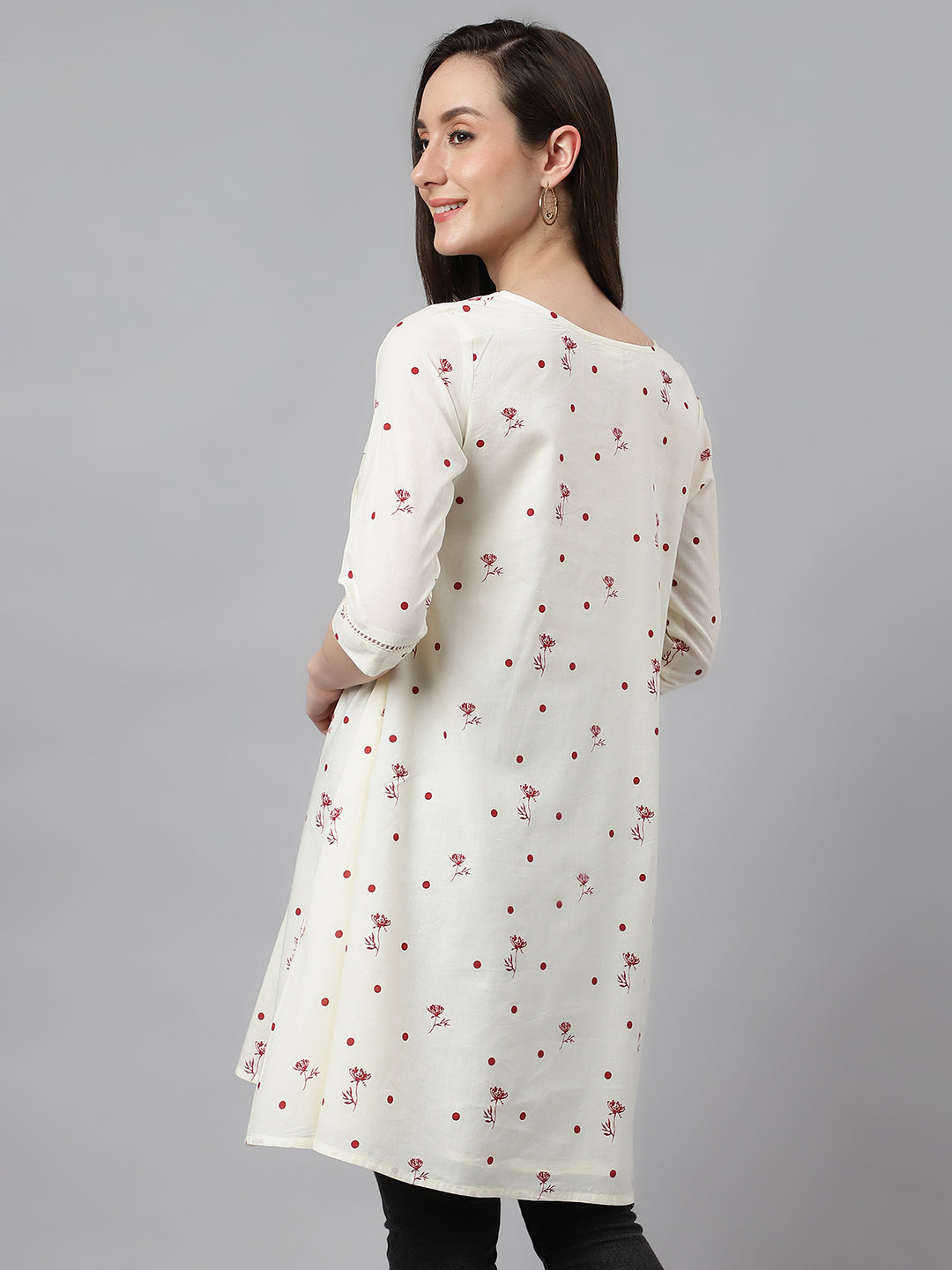 Janasya Women's Off White Cambric Cotton Botanical Print Flared Tunic - Distacart