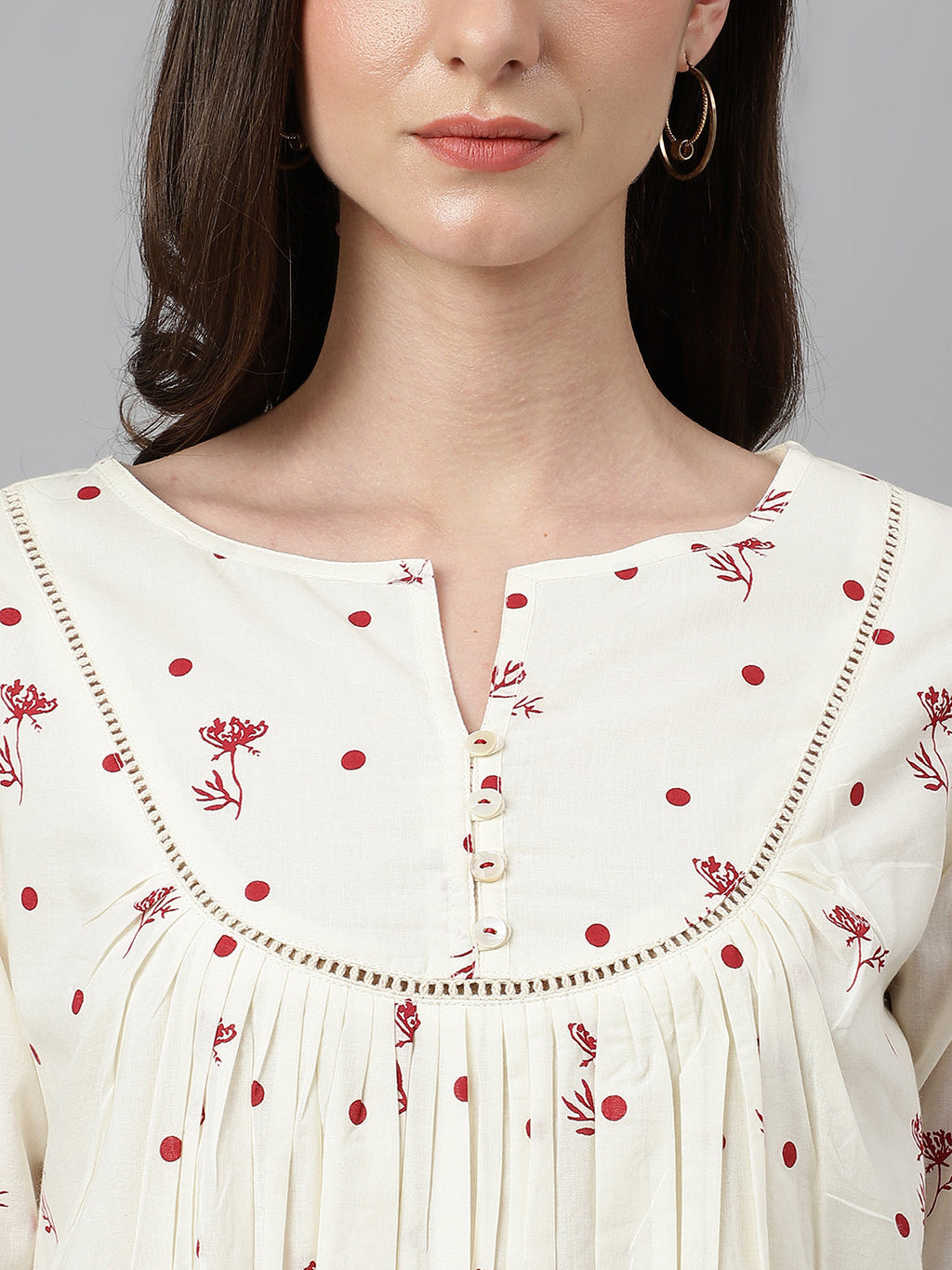 Janasya Women's Off White Cambric Cotton Botanical Print Flared Tunic - Distacart