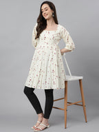 Janasya Women's Off White Cambric Cotton Botanical Print Flared Tunic - Distacart