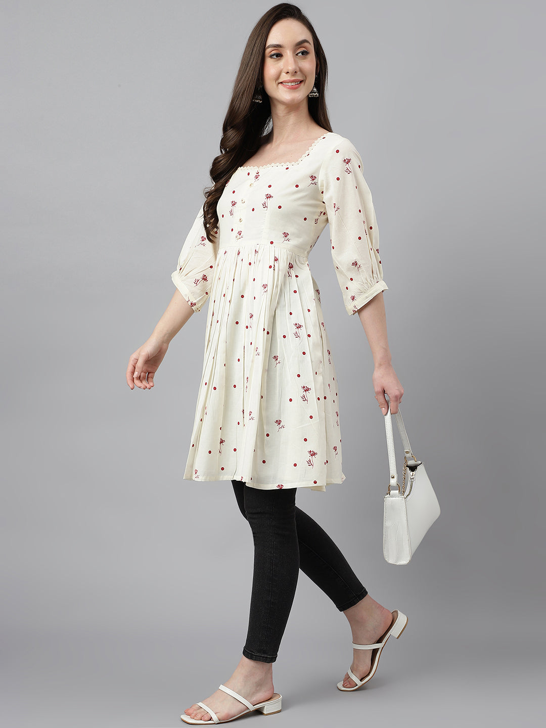 Janasya Women's Off White Cambric Cotton Botanical Print Flared Tunic - Distacart