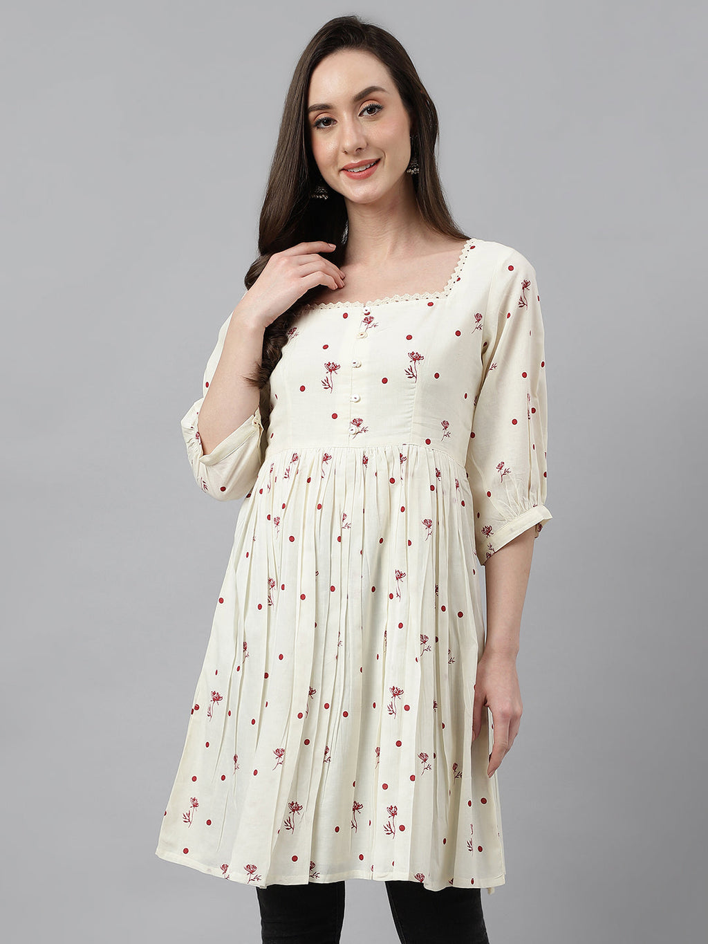 Janasya Women's Off White Cambric Cotton Botanical Print Flared Tunic - Distacart