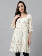 Janasya Women's Off White Cambric Cotton Botanical Print Flared Tunic - Distacart