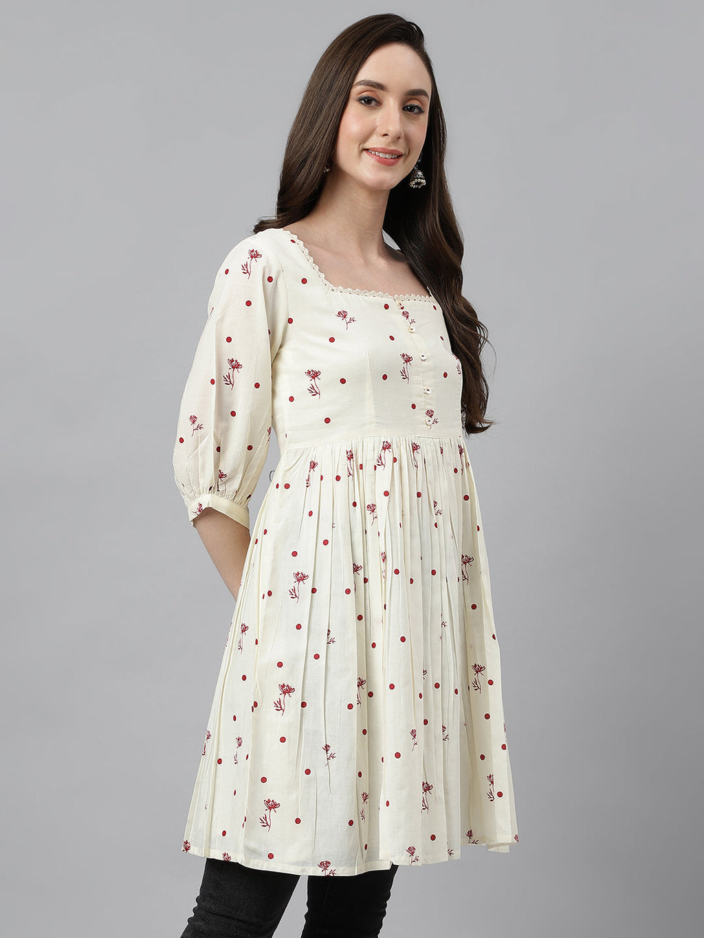 Janasya Women's Off White Cambric Cotton Botanical Print Flared Tunic - Distacart