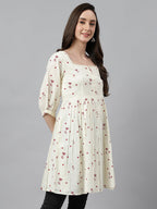 Janasya Women's Off White Cambric Cotton Botanical Print Flared Tunic - Distacart