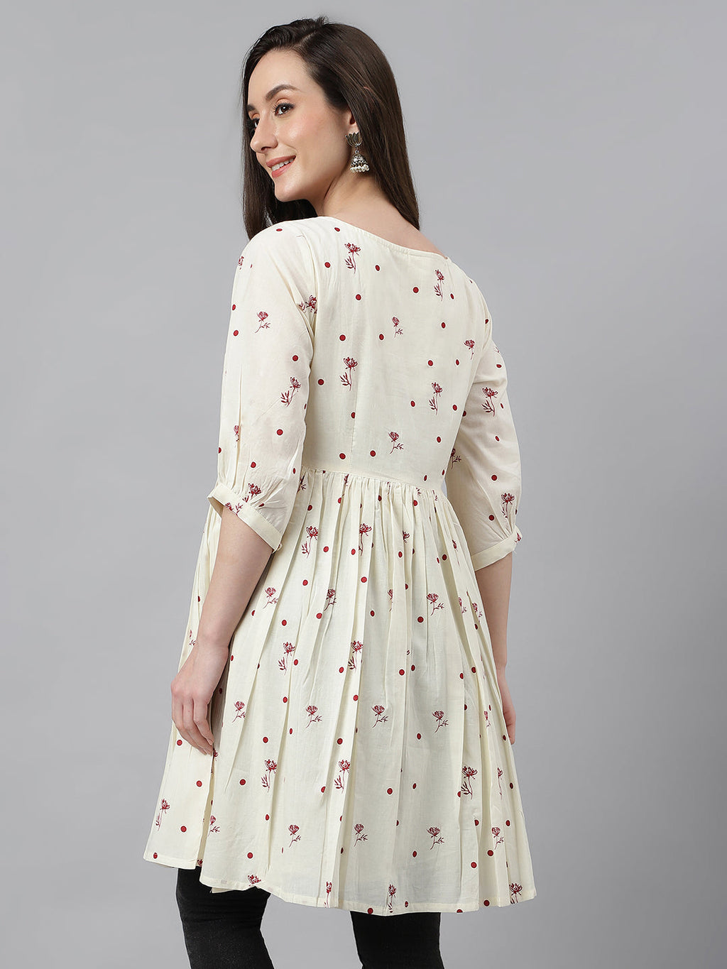 Janasya Women's Off White Cambric Cotton Botanical Print Flared Tunic - Distacart
