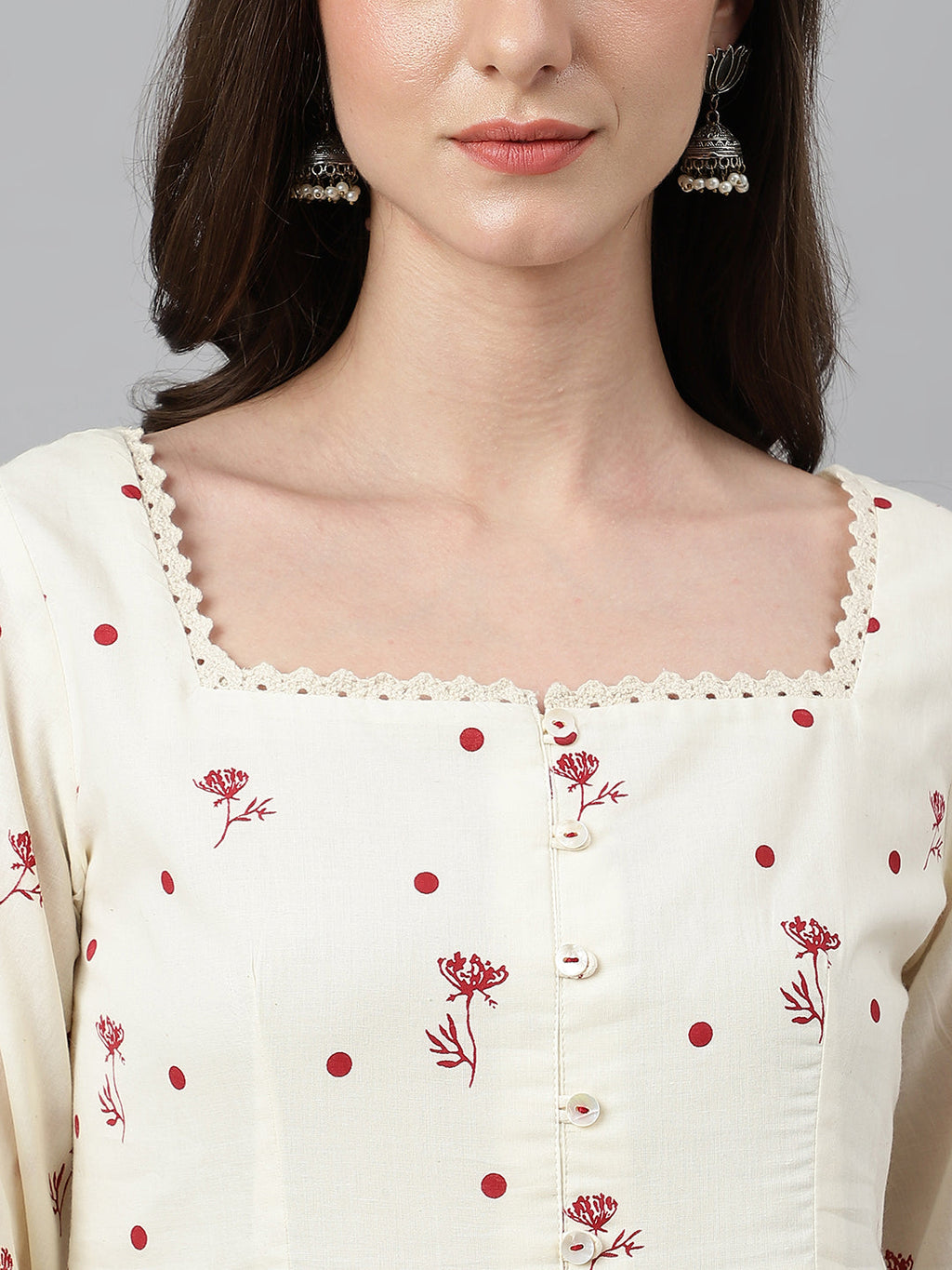 Janasya Women's Off White Cambric Cotton Botanical Print Flared Tunic - Distacart