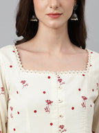 Janasya Women's Off White Cambric Cotton Botanical Print Flared Tunic - Distacart