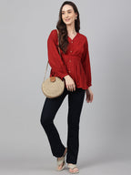Janasya Women's Maroon Dobby Cotton Solid Peplum Top - Distacart