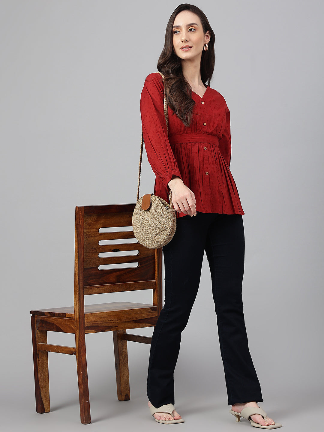 Janasya Women's Maroon Dobby Cotton Solid Peplum Top - Distacart
