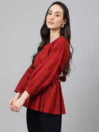 Janasya Women's Maroon Dobby Cotton Solid Peplum Top - Distacart