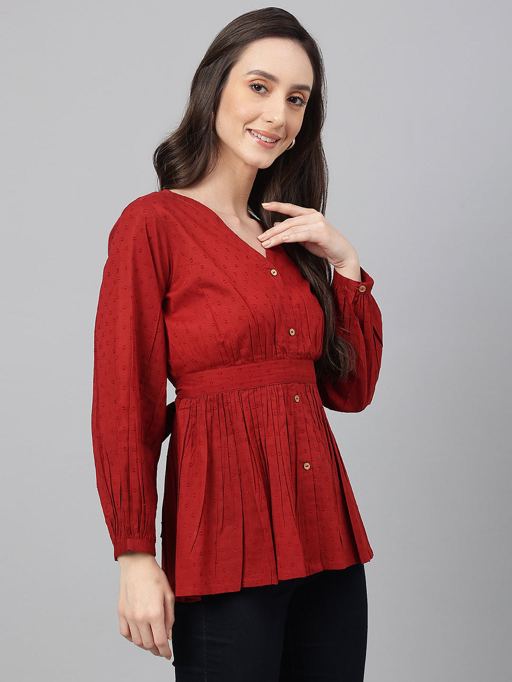 Janasya Women's Maroon Dobby Cotton Solid Peplum Top - Distacart