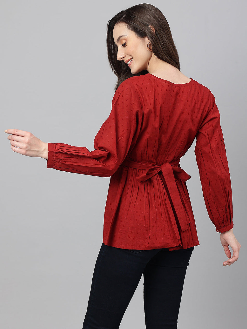 Janasya Women's Maroon Dobby Cotton Solid Peplum Top - Distacart