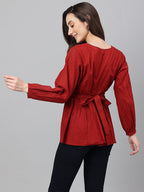 Janasya Women's Maroon Dobby Cotton Solid Peplum Top - Distacart