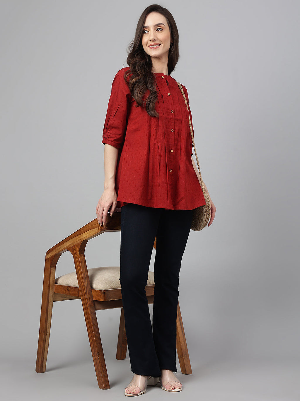 Janasya Women's Maroon Cotton Dobby Solid Flared Top - Distacart