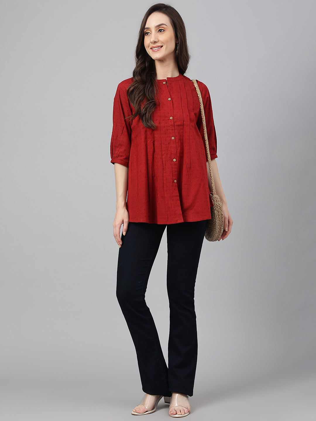 Janasya Women's Maroon Cotton Dobby Solid Flared Top - Distacart