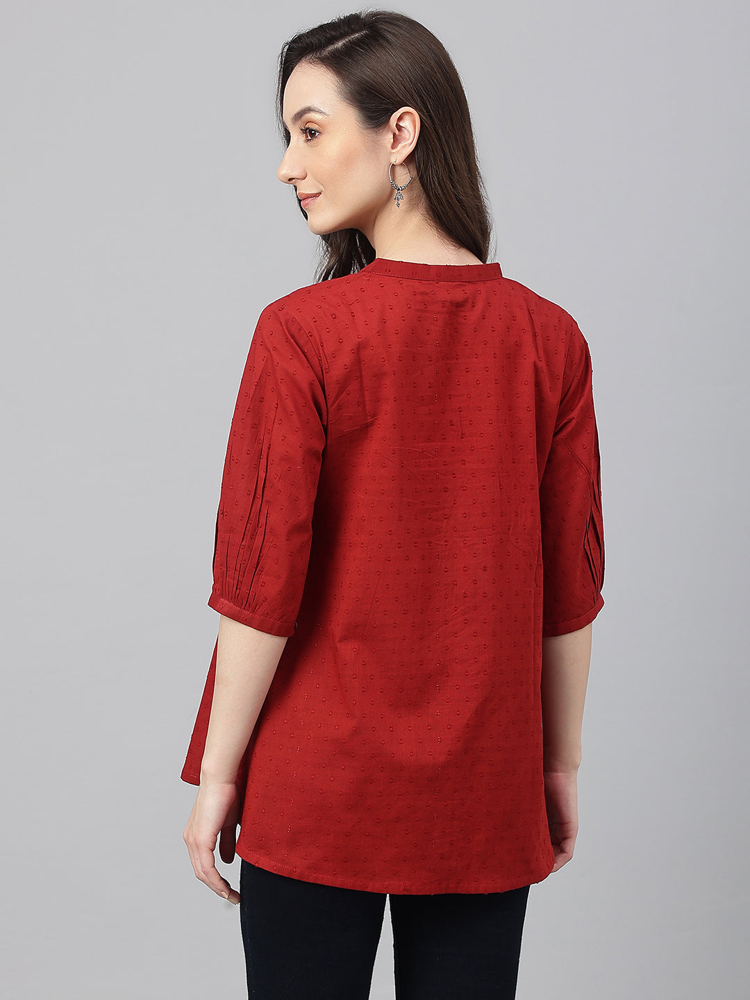 Janasya Women's Maroon Cotton Dobby Solid Flared Top - Distacart