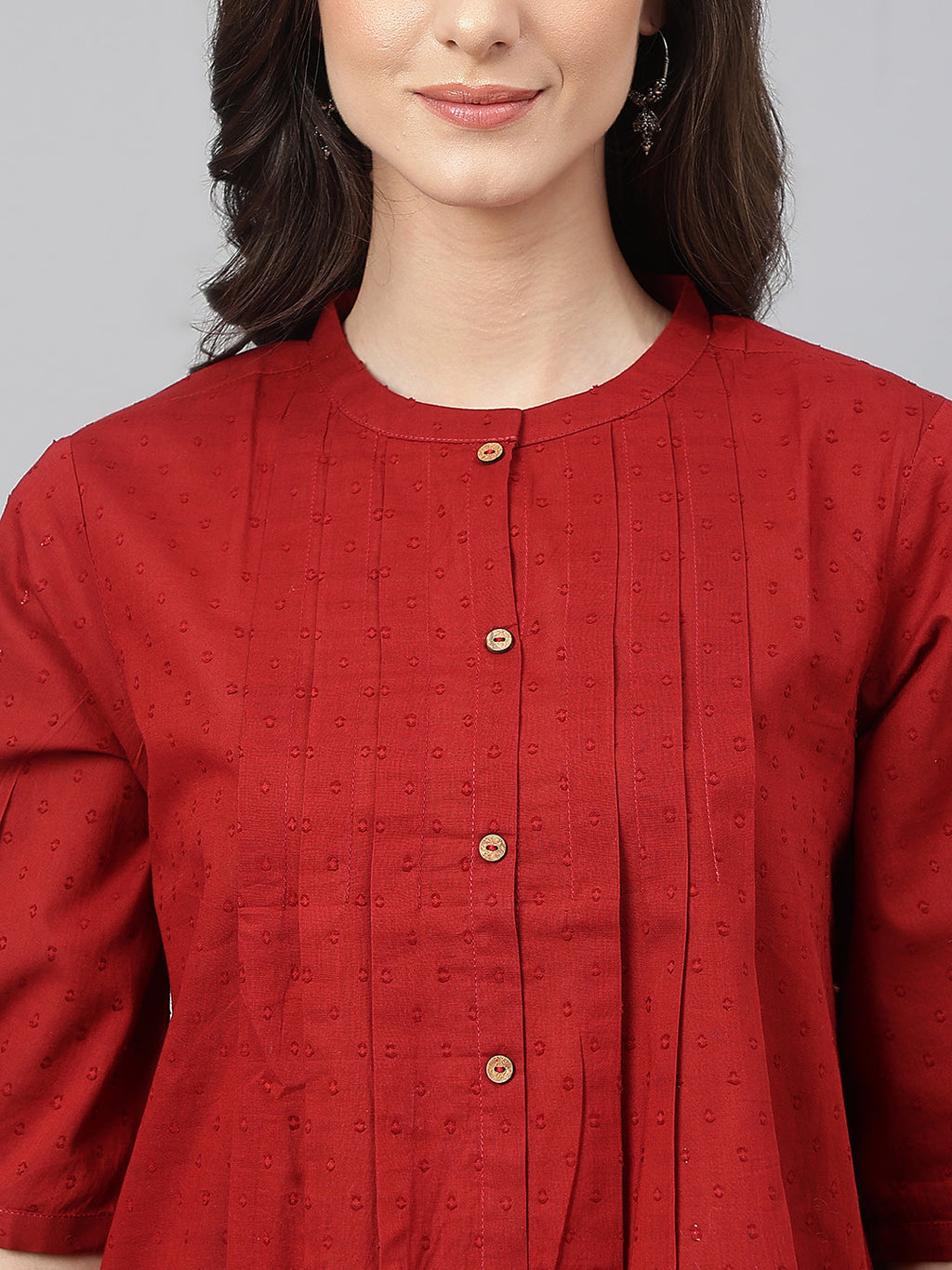 Janasya Women's Maroon Cotton Dobby Solid Flared Top - Distacart