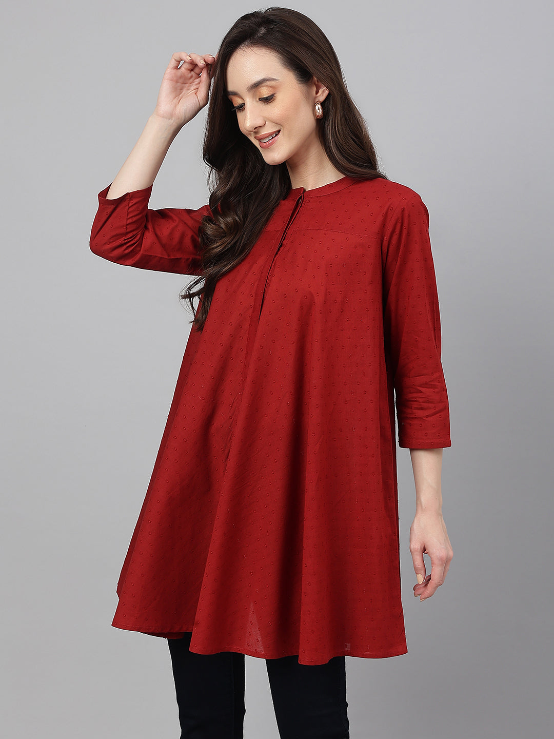 Janasya Women's Maroon Dobby Cotton Solid A-Line Tunic - Distacart