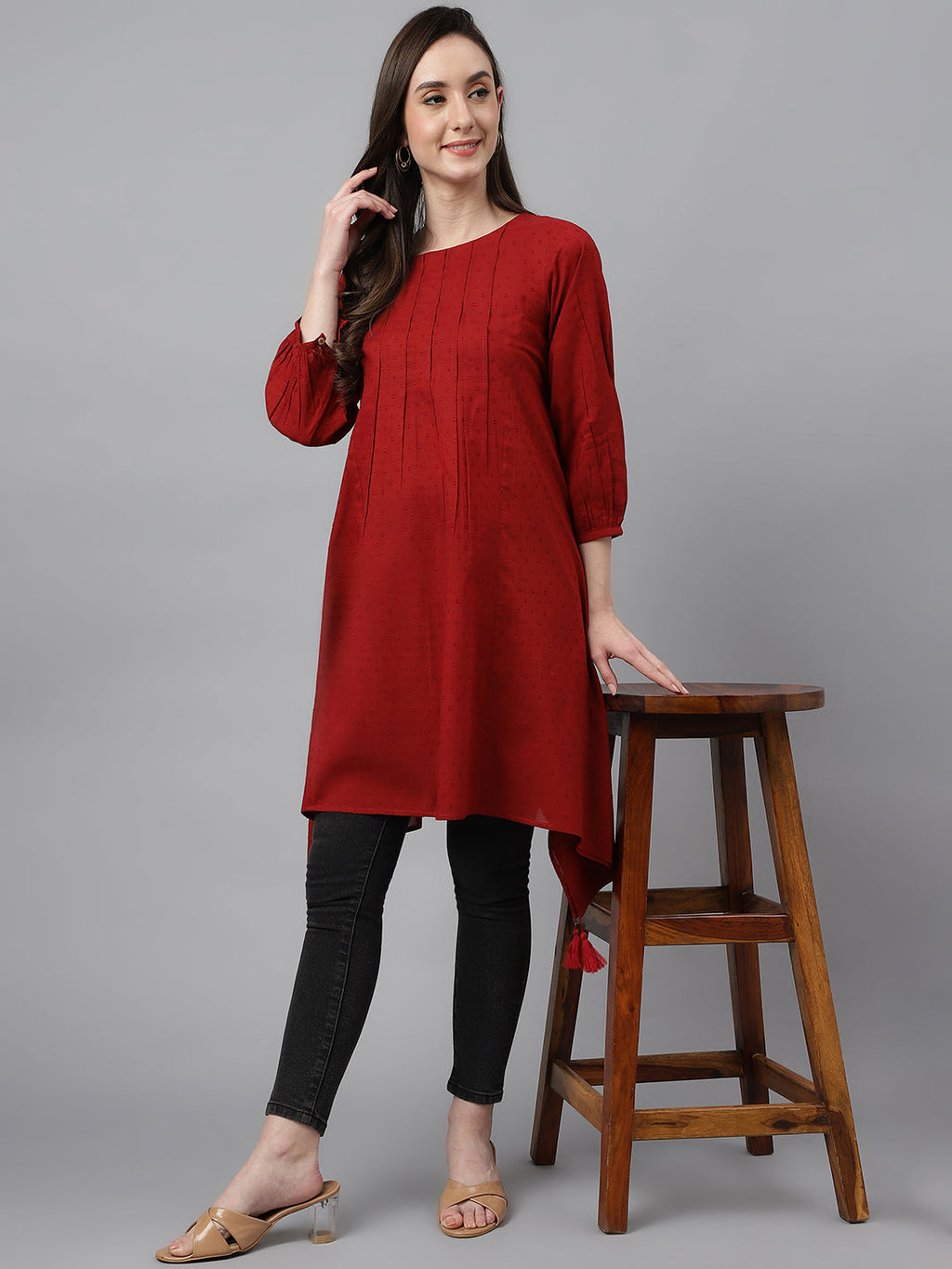 Janasya Women's Maroon Dobby Cotton Solid Handkerchief Tunic - Distacart