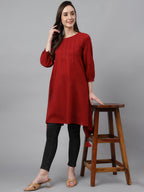 Janasya Women's Maroon Dobby Cotton Solid Handkerchief Tunic - Distacart